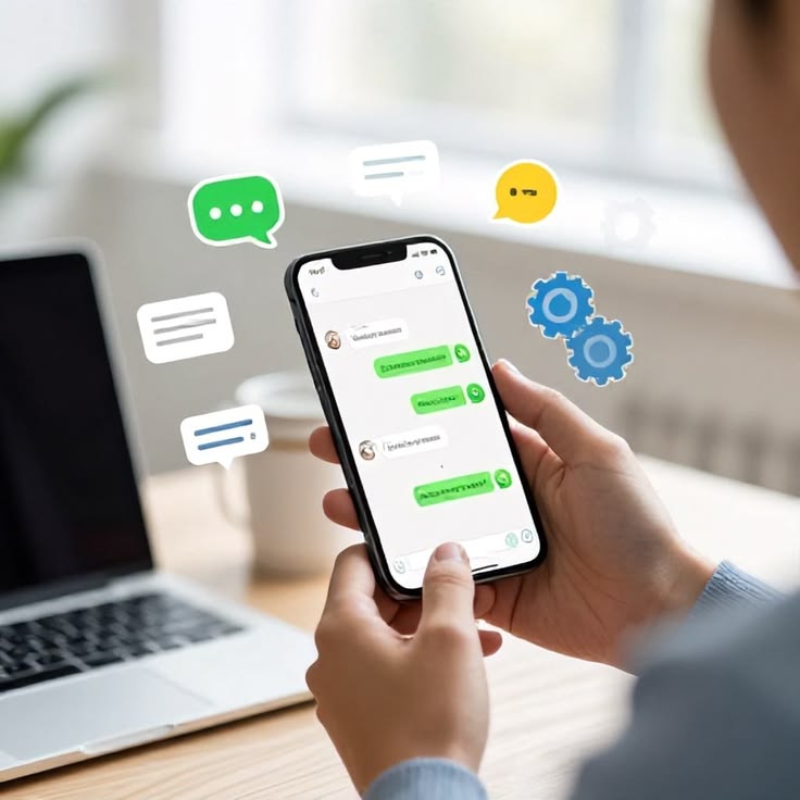 A person holding a smartphone with a chat interface, surrounded by floating 3D speech bubbles and gear icons.