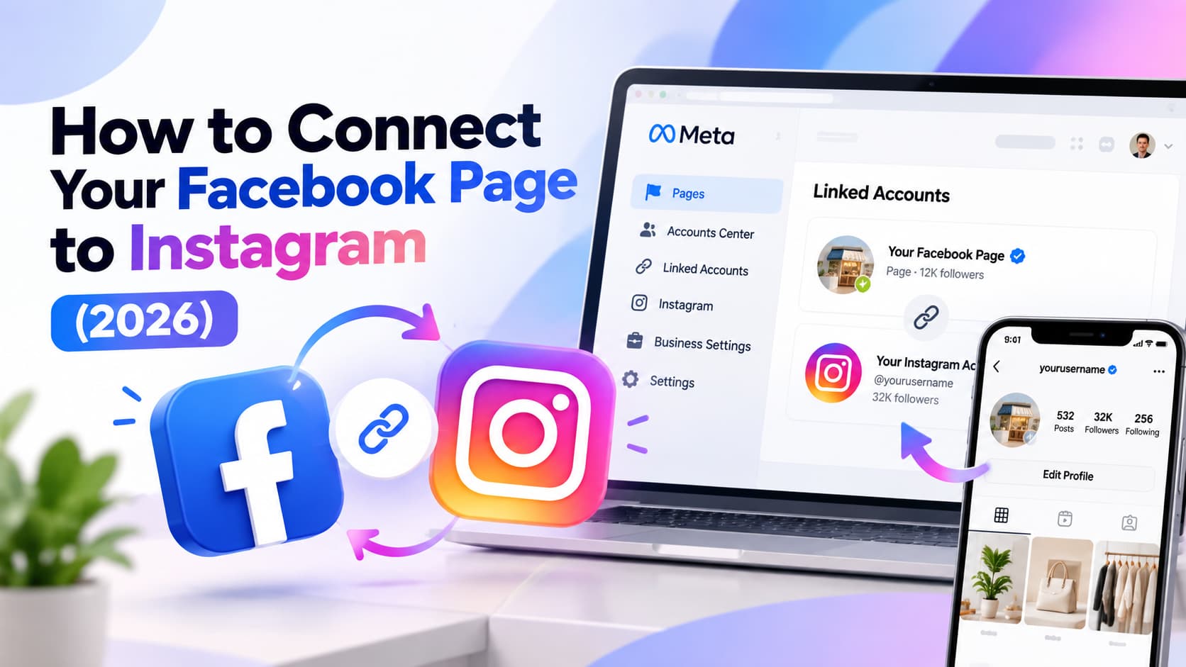 How to connect a Facebook Page to Instagram in 2026, illustrated with linked Facebook and Instagram accounts and Meta account settings.