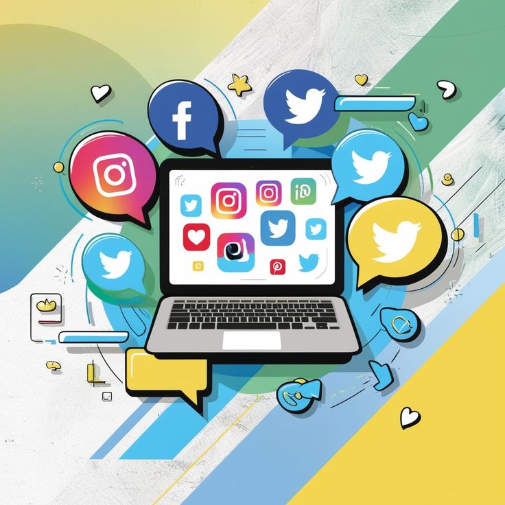 An illustration of a laptop with Facebook, Instagram, and Twitter icons floating out of the screen in speech bubbles.