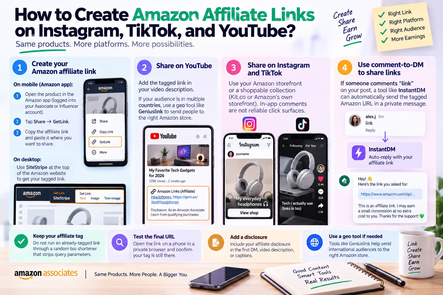 Infographic showing how to create Amazon affiliate links for Instagram, TikTok, and YouTube using Amazon GetLink, SiteStripe, storefronts, Geniuslink, and comment-to-DM automation, with tips for disclosures, URL testing, and preserving affiliate tags.