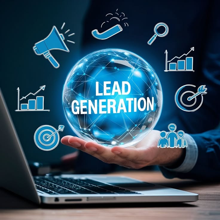 A glowing blue sphere with the text 'LEAD GENERATION' hovering above a person's hand over a laptop keyboard. Floating around the sphere are neon blue digital marketing icons, including a megaphone, rising bar charts, targets, a magnifying glass, and a group of people.