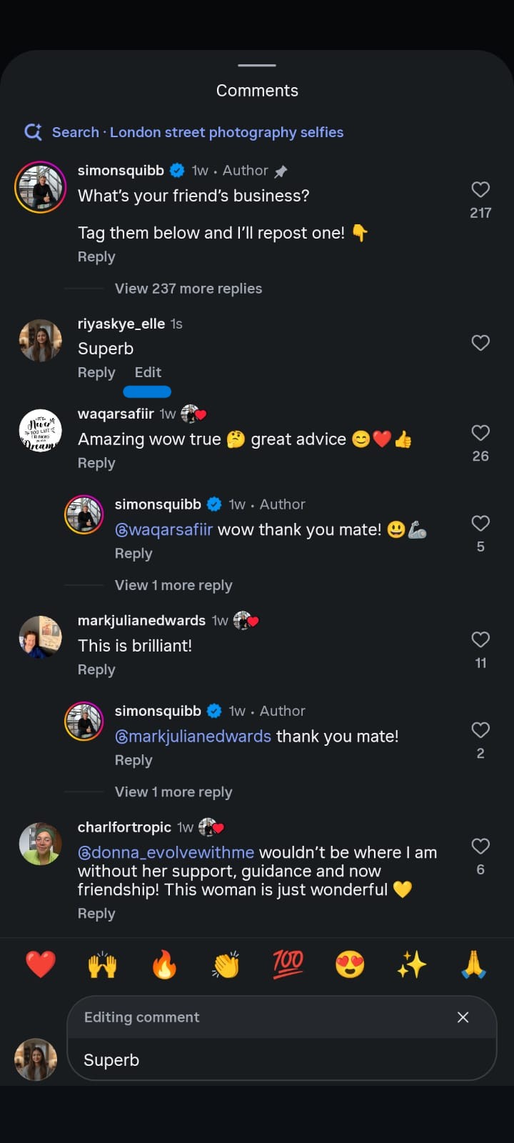 Instagram mobile app screenshot showing the comments section of a post. A user is editing their comment, with the word 