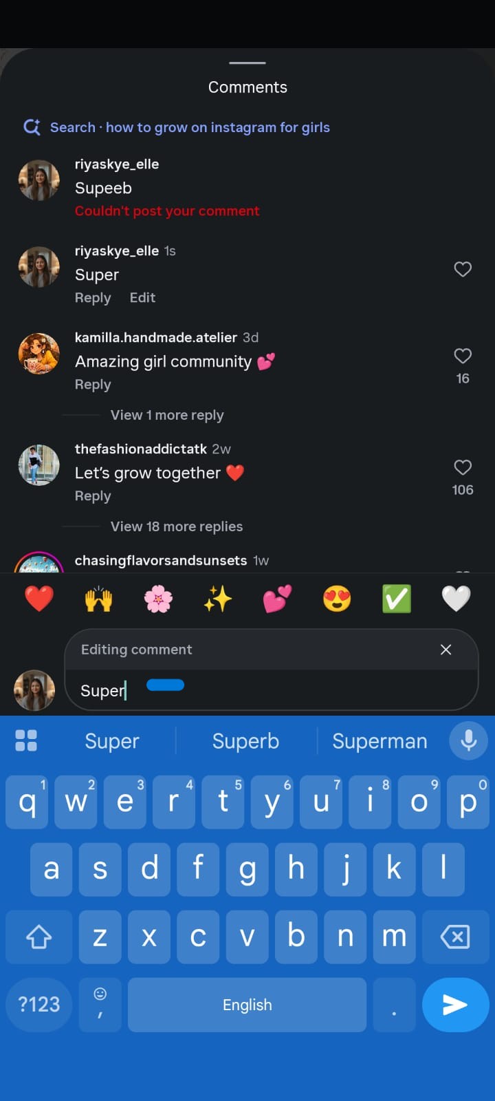 Screenshot of Instagram's comments section showing a user editing a comment while the on-screen keyboard is open. A previously edited comment displays a red 