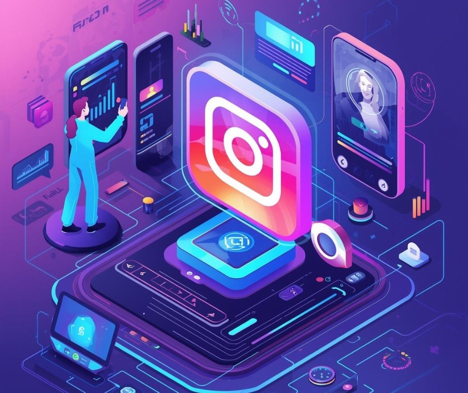 Gemini said An isometric, neon-styled illustration shows a central glowing Instagram logo at the heart of a complex digital circuit. To the left, a technician interacts with a vertical data panel, while a smartphone on the right displays a user profile within a glowing interface. The entire scene is bathed in vibrant purple and pink hues, featuring floating graphs and data nodes that symbolize the technical diagnosis and recovery process for a "shadowbanned" account in 2026.
