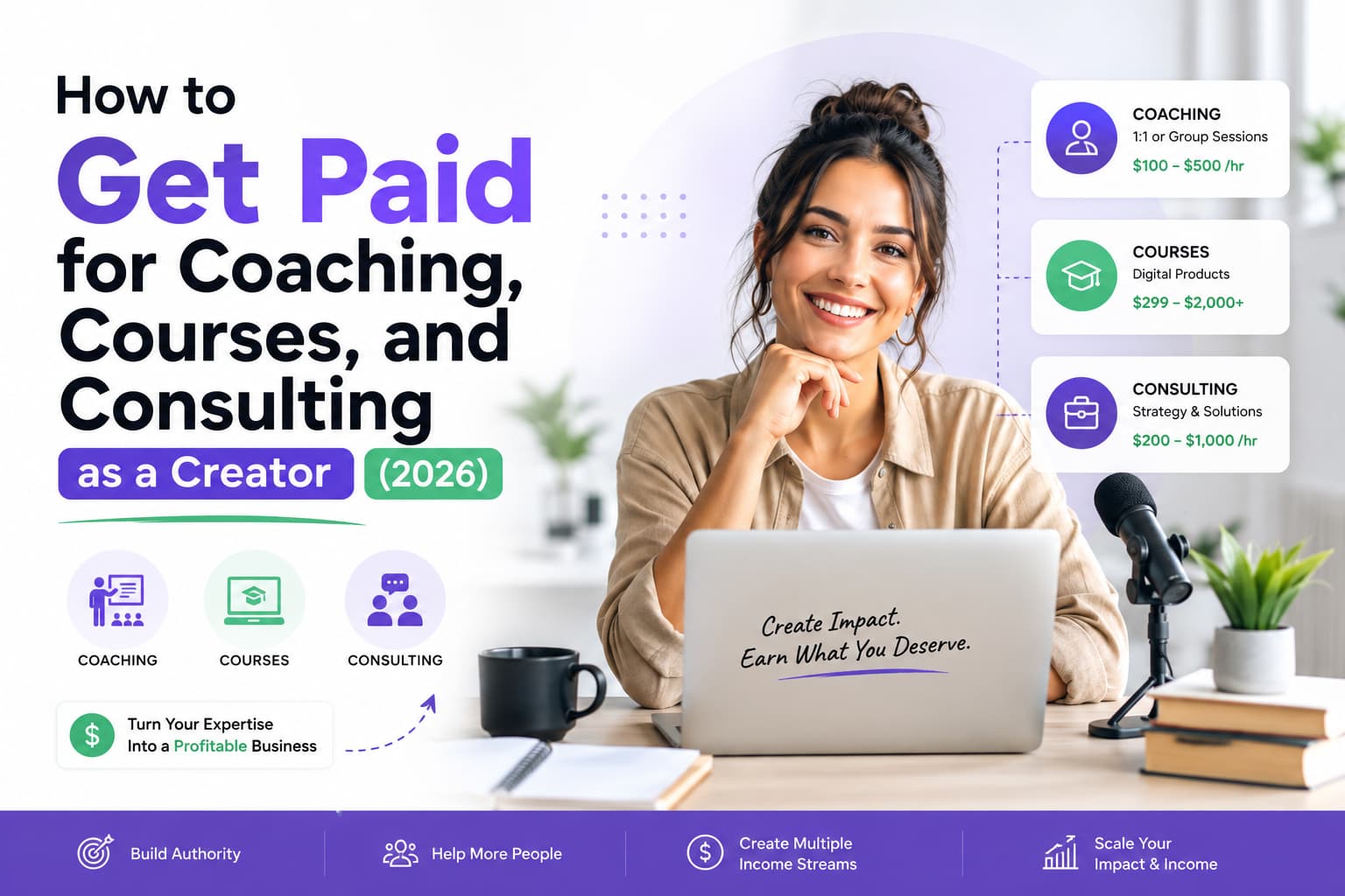 Illustration of a creator working at a laptop with coaching, online courses, and consulting service icons, showing how creators can earn money by selling expertise and digital products in 2026.