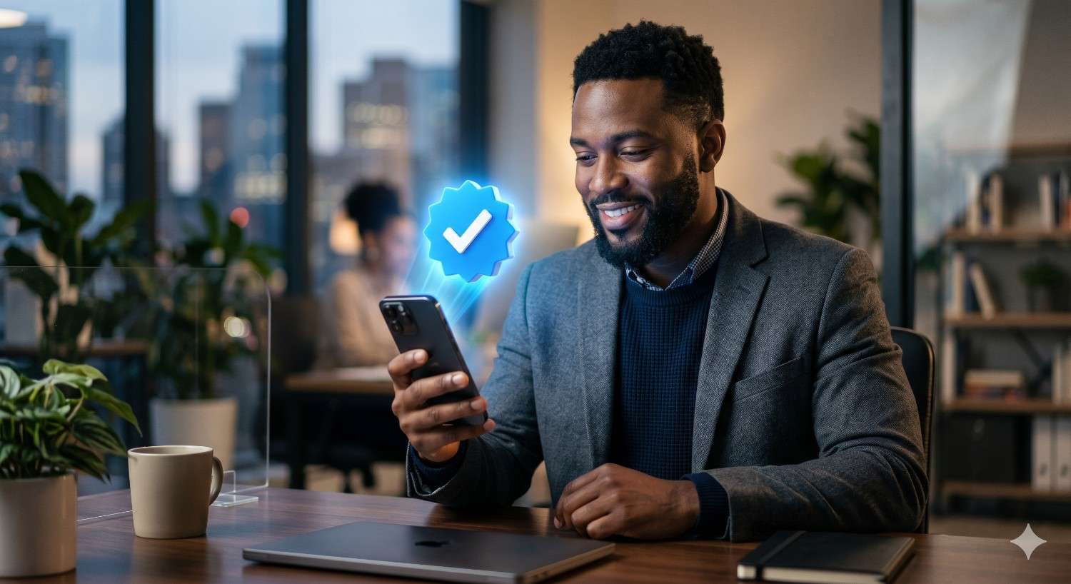 A smiling professional man looking at his smartphone while a glowing blue verification badge holographic icon floats above the screen.