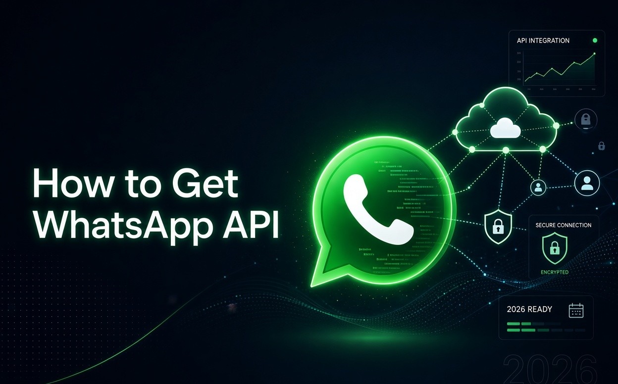 How to Get WhatsApp API – modern dark tech hero image with glowing green WhatsApp logo, cloud network connections, secure lock icons, API integration graph, and 2026 Ready badge