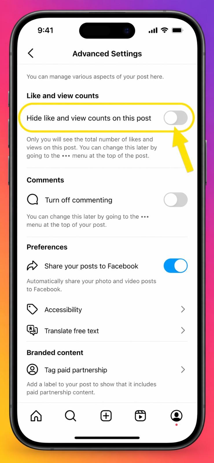 A smartphone screenshot displaying the Instagram 'Advanced Settings' menu. A bright yellow oval and arrow highlight the toggle switch next to the text 'Hide like and view counts on this post'.