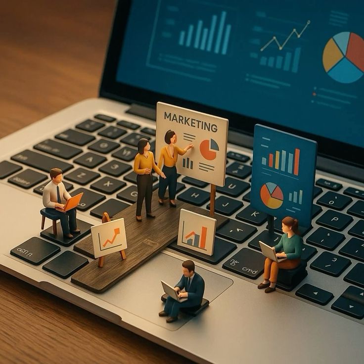 A 3D miniature-style illustration featuring tiny business professionals interacting directly on a laptop keyboard. In the center, two figures stand near a presentation board labeled 'MARKETING' with a pie chart, while other tiny individuals sit on the keys typing on their own miniature laptops. Small easels displaying bar charts, line graphs, and pie charts are scattered among the workers. The actual laptop screen in the gently blurred background displays larger, glowing data analytics dashboards.
