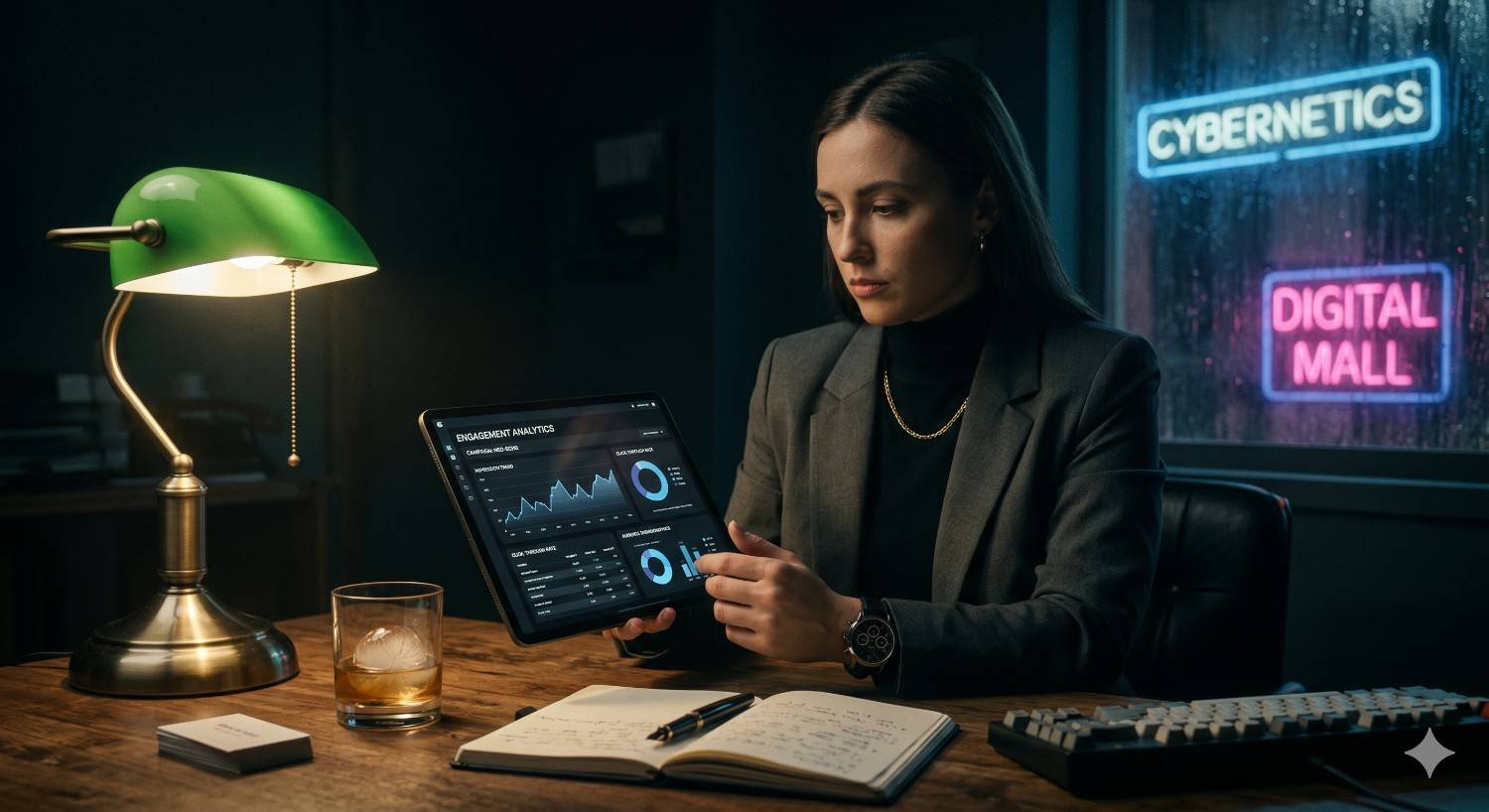 A woman in a grey blazer sits at a dimly lit wooden desk, carefully reviewing engagement analytics on a tablet screen. The scene is illuminated by a classic green banker's lamp, with glowing neon signs reading \"Cybernetics\" and \"Digital Mall\" visible through the window behind her.