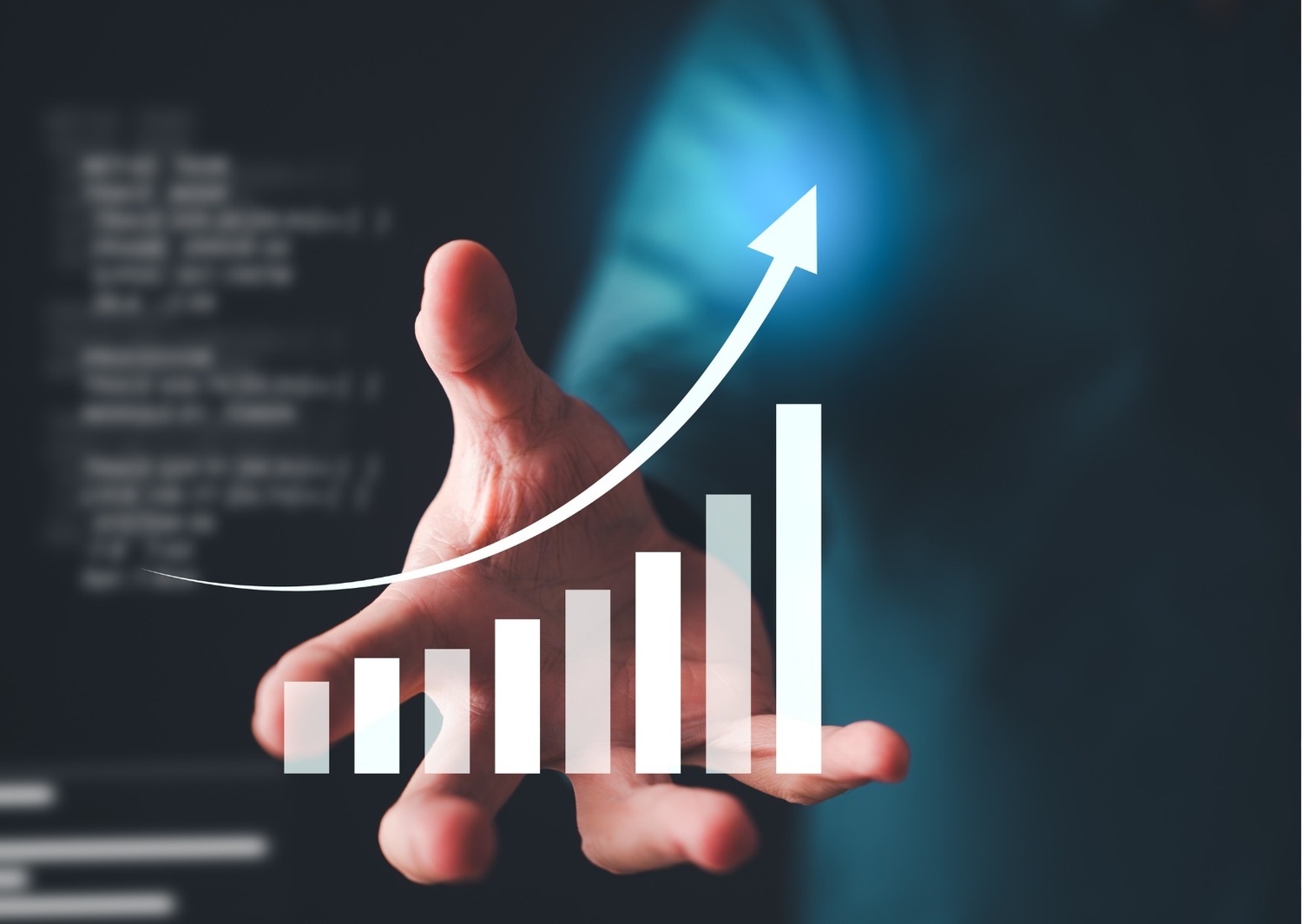 This image features a human hand reaching out toward a glowing, three-dimensional ascending bar graph and a sharp upward arrow, symbolizing growth, success, and data-driven progress. The background is dark and technical, with blurred lines of code or data, emphasizing a focus on digital optimization and financial performance.