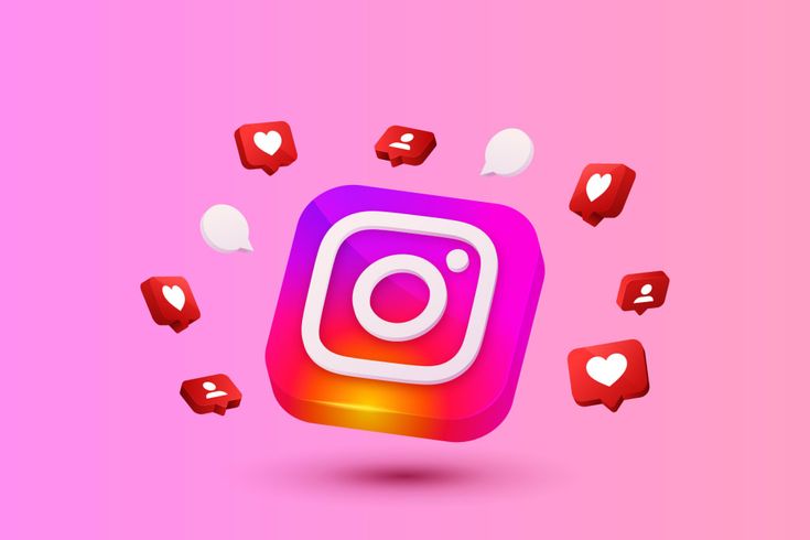 A 3D rendering of the Instagram app icon is centered against a vibrant pink gradient background. It is surrounded by floating 3D notification bubbles, including red hearts for likes, red silhouettes for followers, and white speech bubbles for comments.