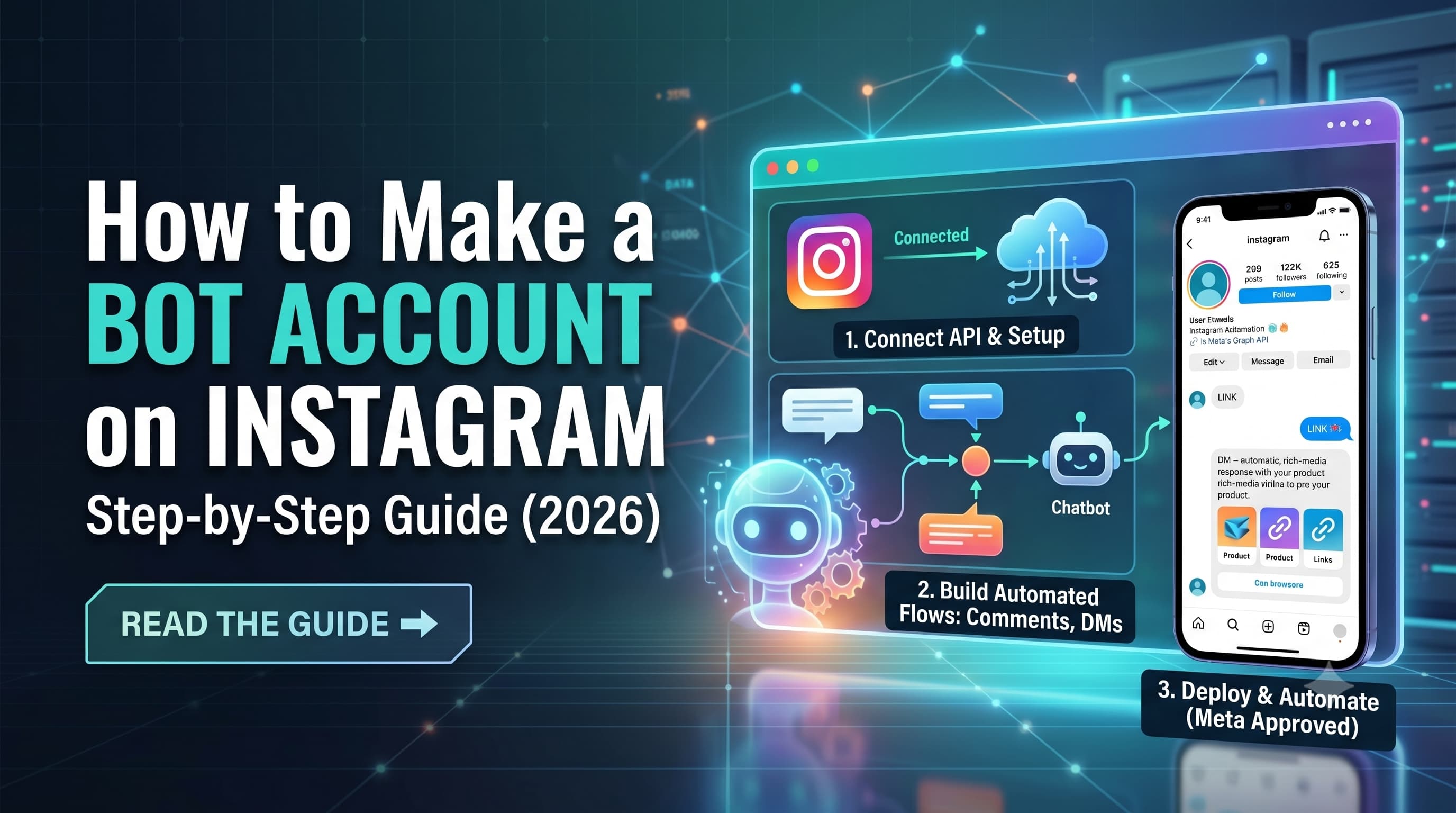An informational hero image titled Build Your Instagram Bot: Step-by-Step 2026 Guide with a sleek, glowing digital dashboard layout against a dark neon grid background. A three-step creation process is visualized in a central window: '1. App Connection & Settings' linking to a cloud, '2. Design Interaction Flows' showing a workflow node tree and a robot icon.