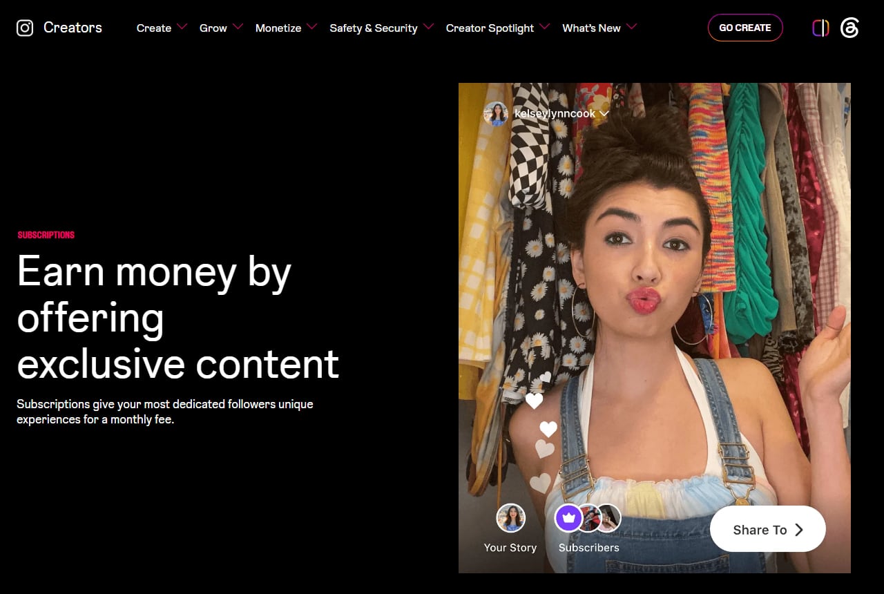 Instagram Creators page for Subscriptions with the headline Earn money by offering exclusive content, beside a Story share screen with Your Story and Subscribers options