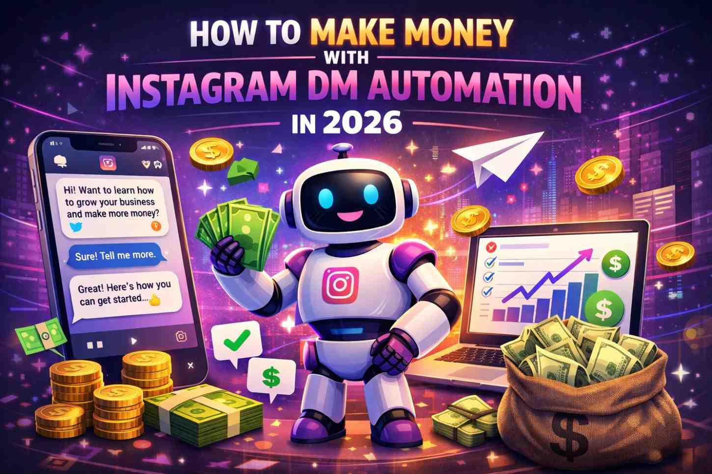 A vibrant digital illustration titled 'How to Make Money with Instagram DM Automation in 2026.' It features a friendly robot holding cash next to a smartphone displaying an automated chat, surrounded by gold coins and a laptop showing a rising financial chart.