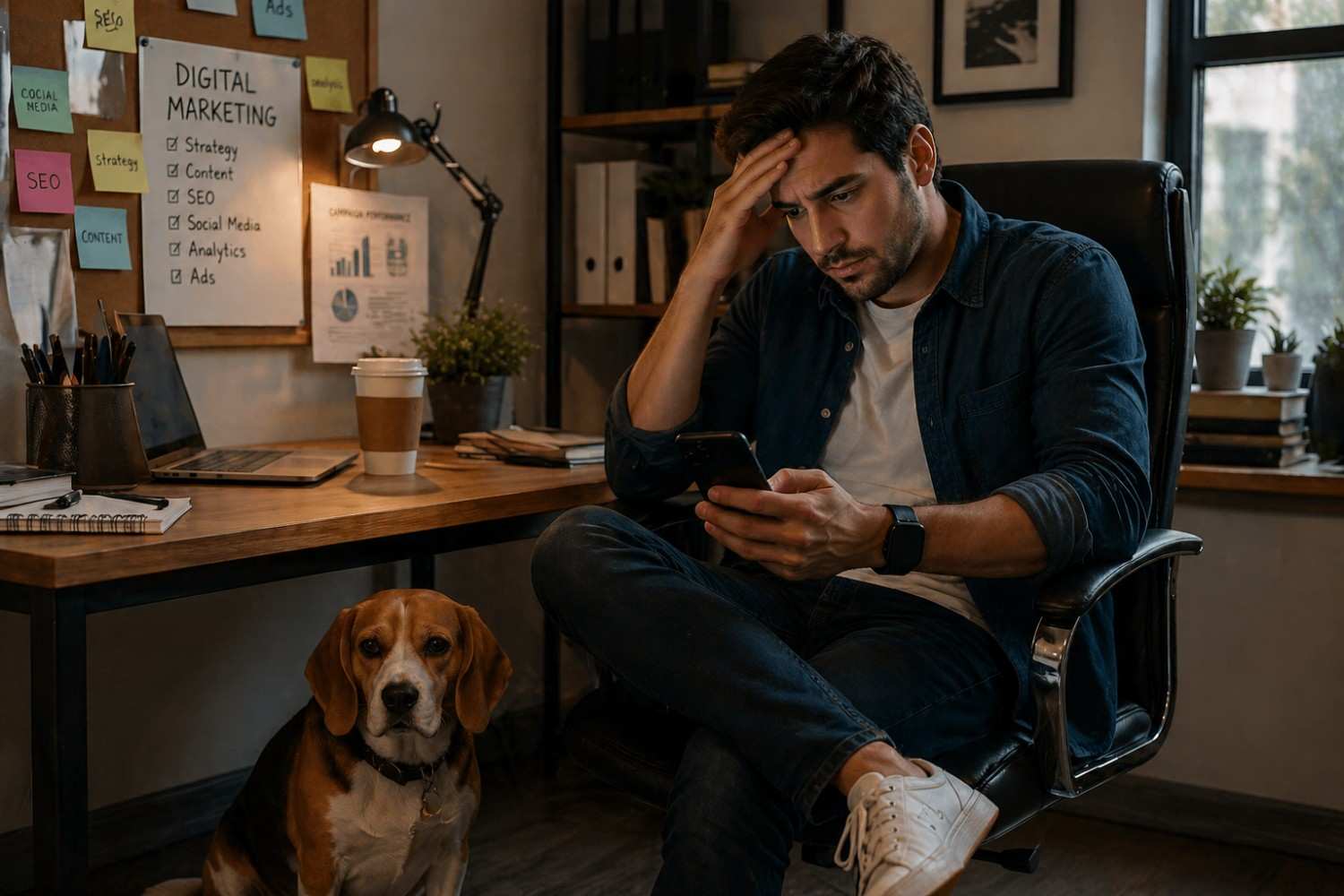 A stressed young man in a dark office setting, sitting in a black leather chair and rubbing his forehead while looking at his smartphone with a concerned expression. His beagle sits on the floor beside him. In the background, a corkboard is covered with \"Digital Marketing\" notes, checklists, and colorful sticky labels like \"SEO,\" \"Strategy,\" and \"Content.