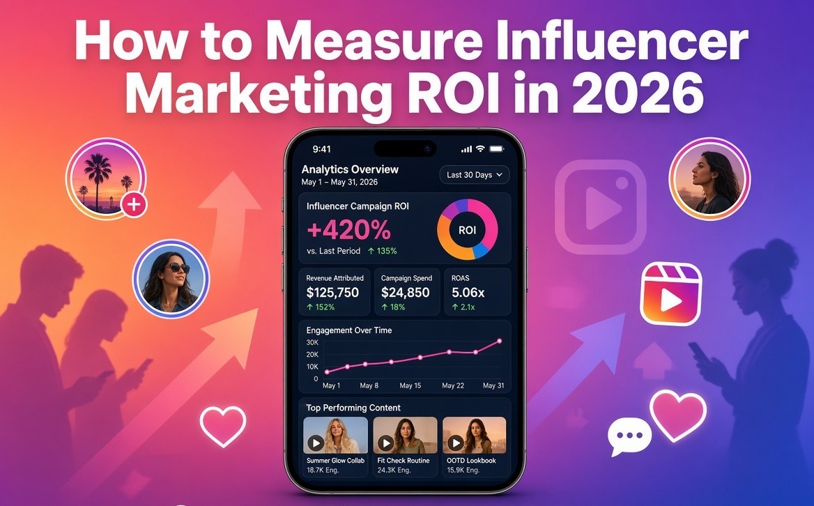 Influencer marketing ROI analytics dashboard showing campaign revenue, spending, ROAS, engagement trends, and top-performing content in 2026.