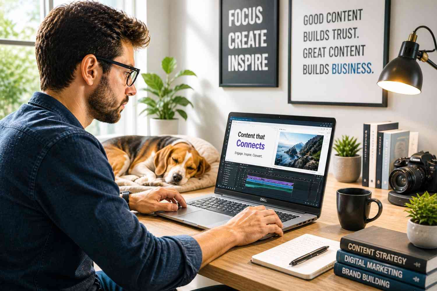 A man in glasses is actively working on a Dell laptop. The screen displays a project with the heading \"Content that Connects\" above a video editing or presentation timeline.