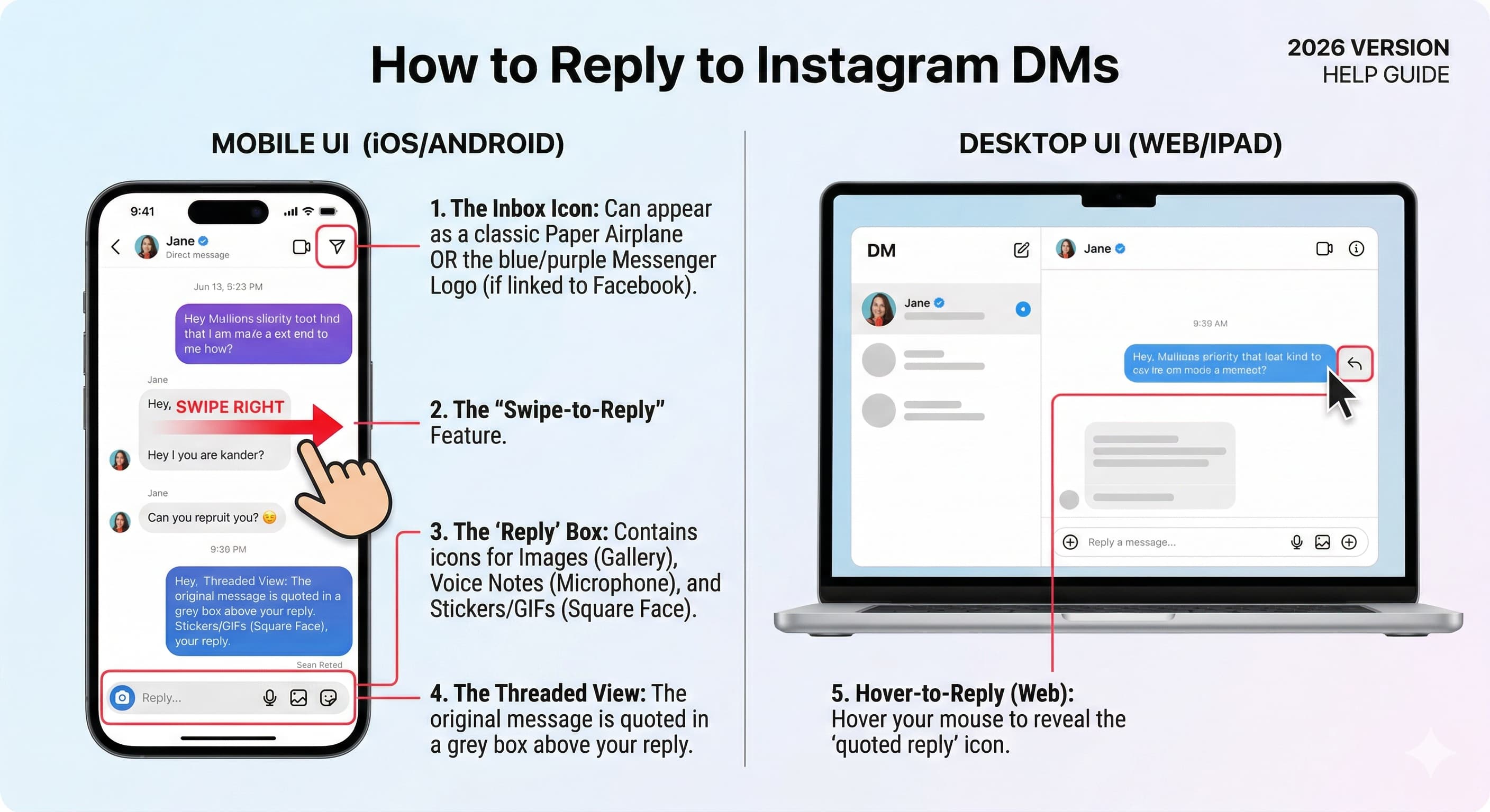 "Comparison of Instagram DM reply interfaces on Mobile (iOS/Android) and Desktop (Web), featuring annotated guides for swipe-to-reply, voice notes, and threaded messaging in 2026."