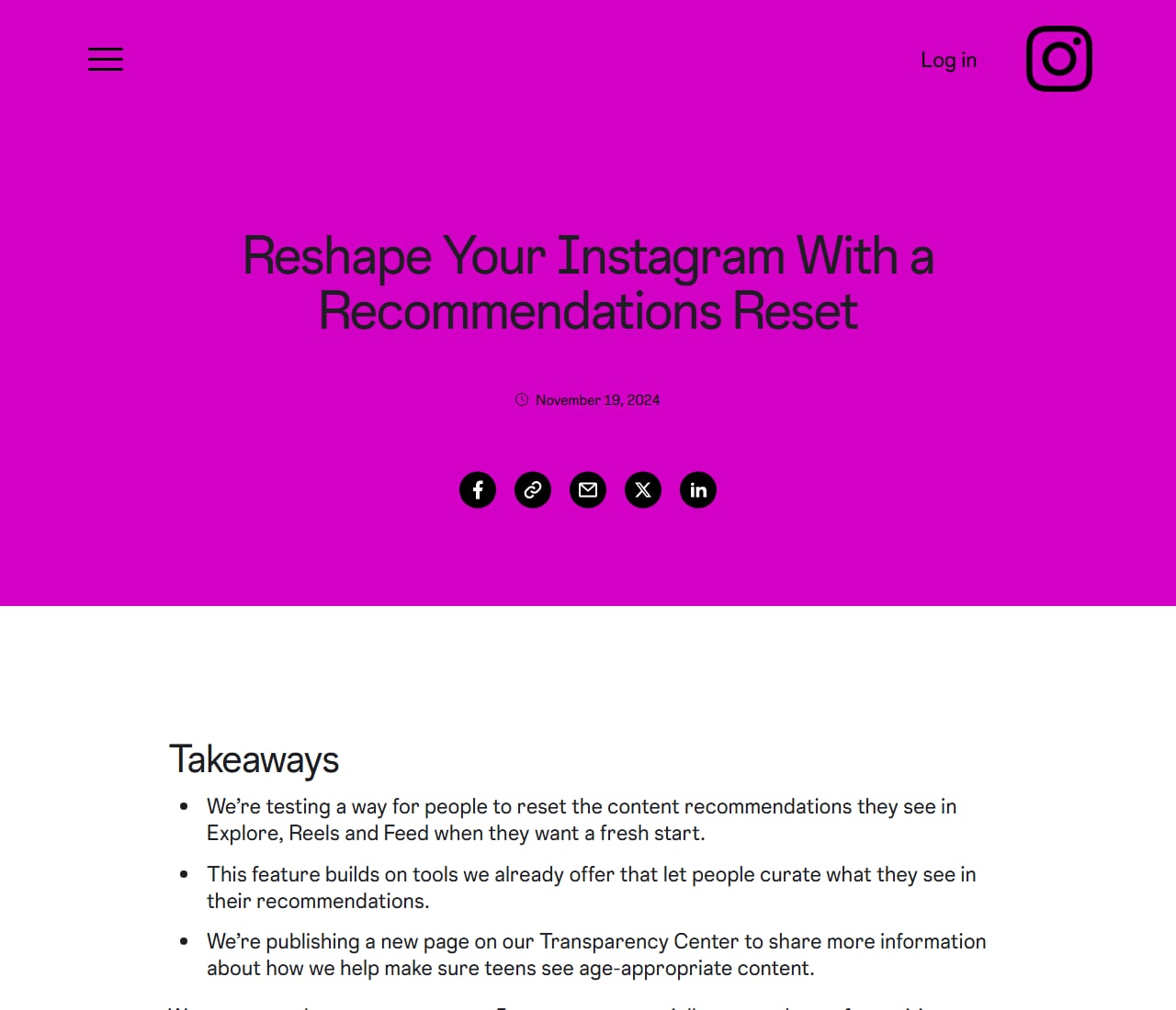 Instagram blog post titled Reshape Your Instagram With a Recommendations Reset, dated November 19, 2024, with its takeaways about resetting recommendations in Explore, Reels and Feed