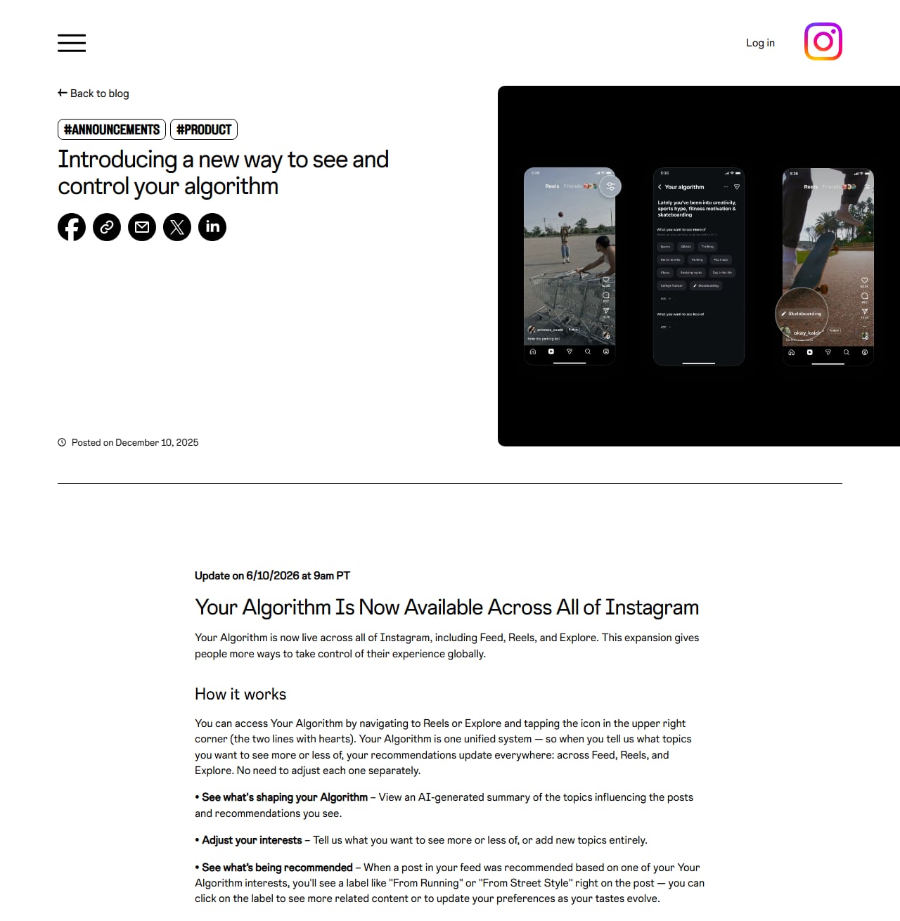 Instagram blog post introducing Your Algorithm, showing three phone screens with the topic list and an update dated 6/10/2026 saying it is available across Feed, Reels and Explore