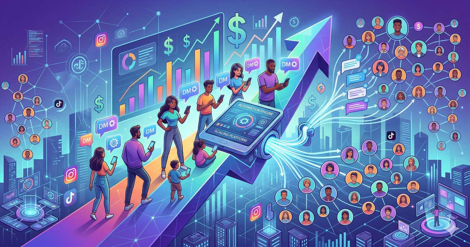 A high-energy digital illustration titled "How to Scale Influencer Campaigns with DM Automation," featuring a central "Automation Engine" smartphone platform that connects influencers and a massive network of followers through a surge of data streams, rising financial charts, and automated DM icons.
