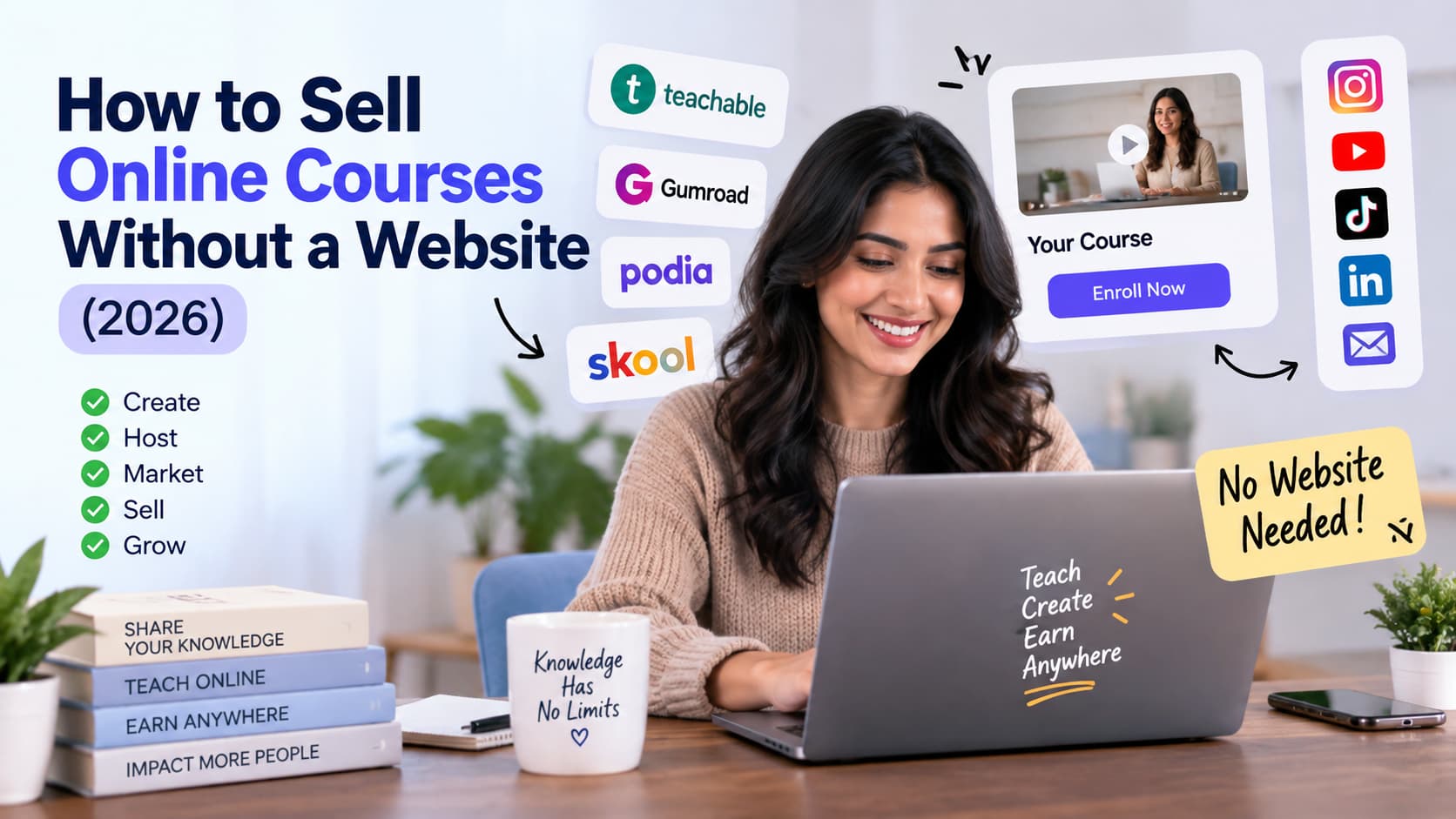 How to sell online courses without a website in 2026 using online course platforms, social media, and digital sales tools.