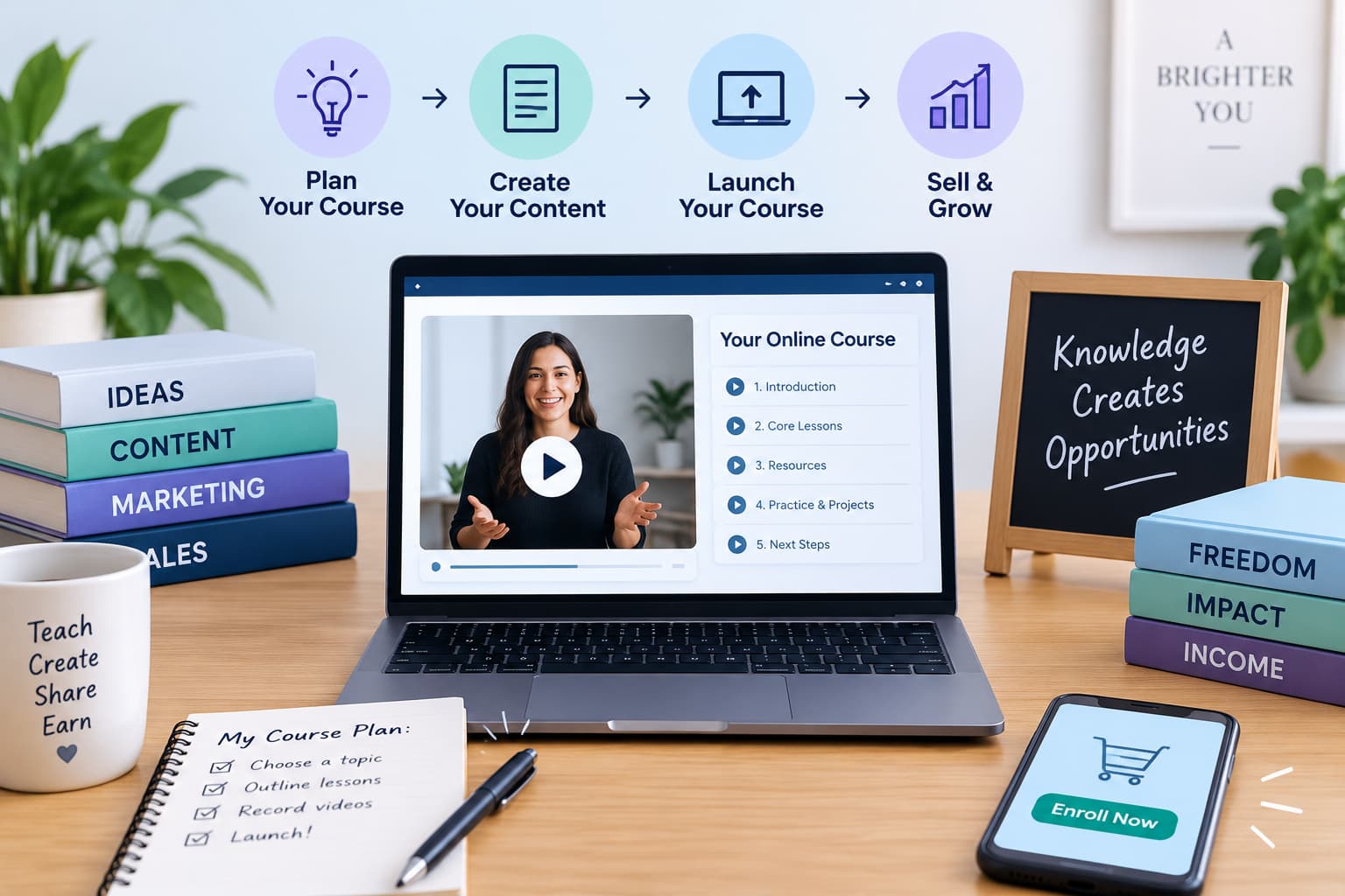Online course creation and selling process shown on a laptop, from planning and creating content to launching, selling, and growing an online course.