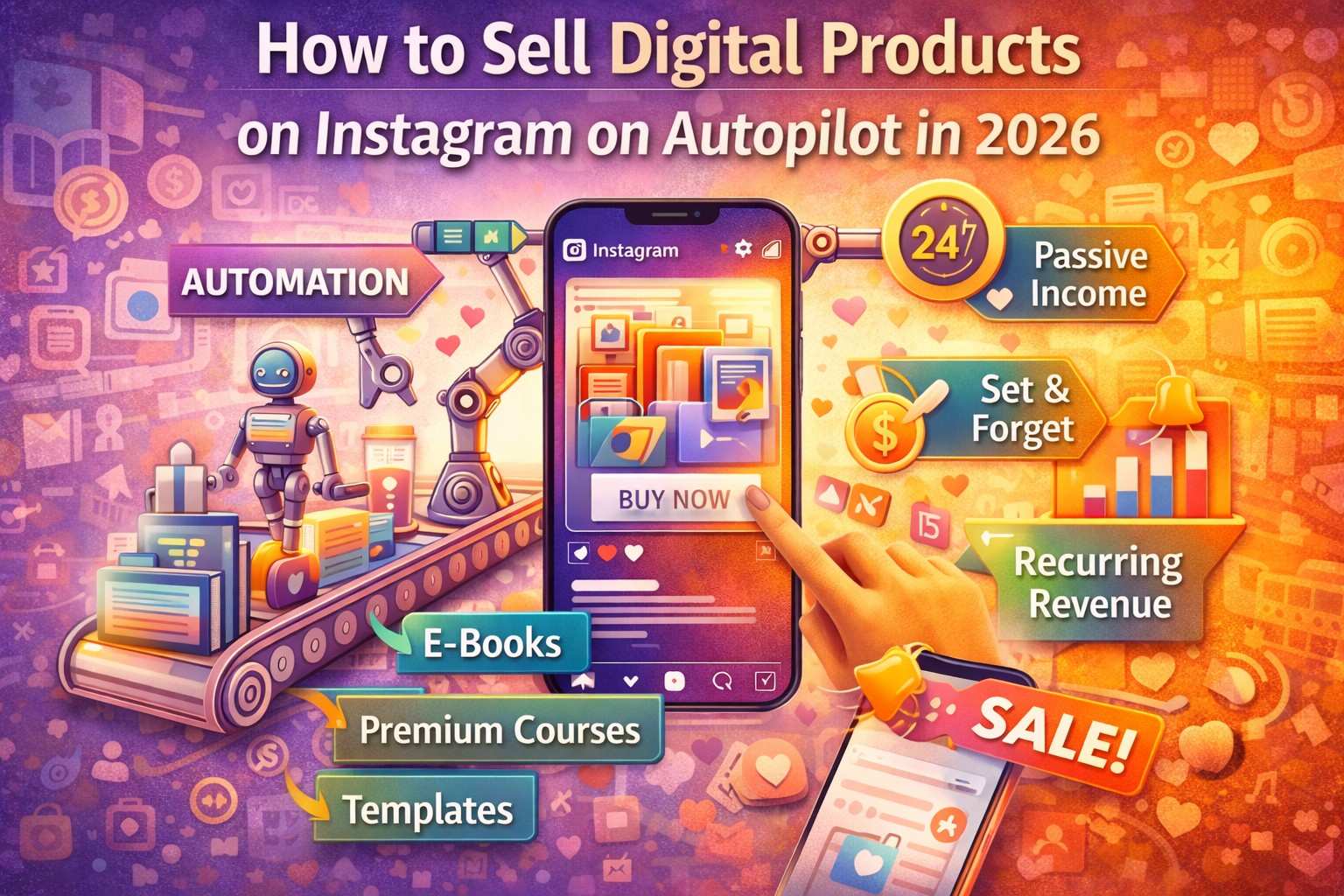 This high-energy infographic, titled "How to Sell Digital Products on Instagram on Autopilot in 2026," illustrates a streamlined ecosystem for generating passive income through social media.