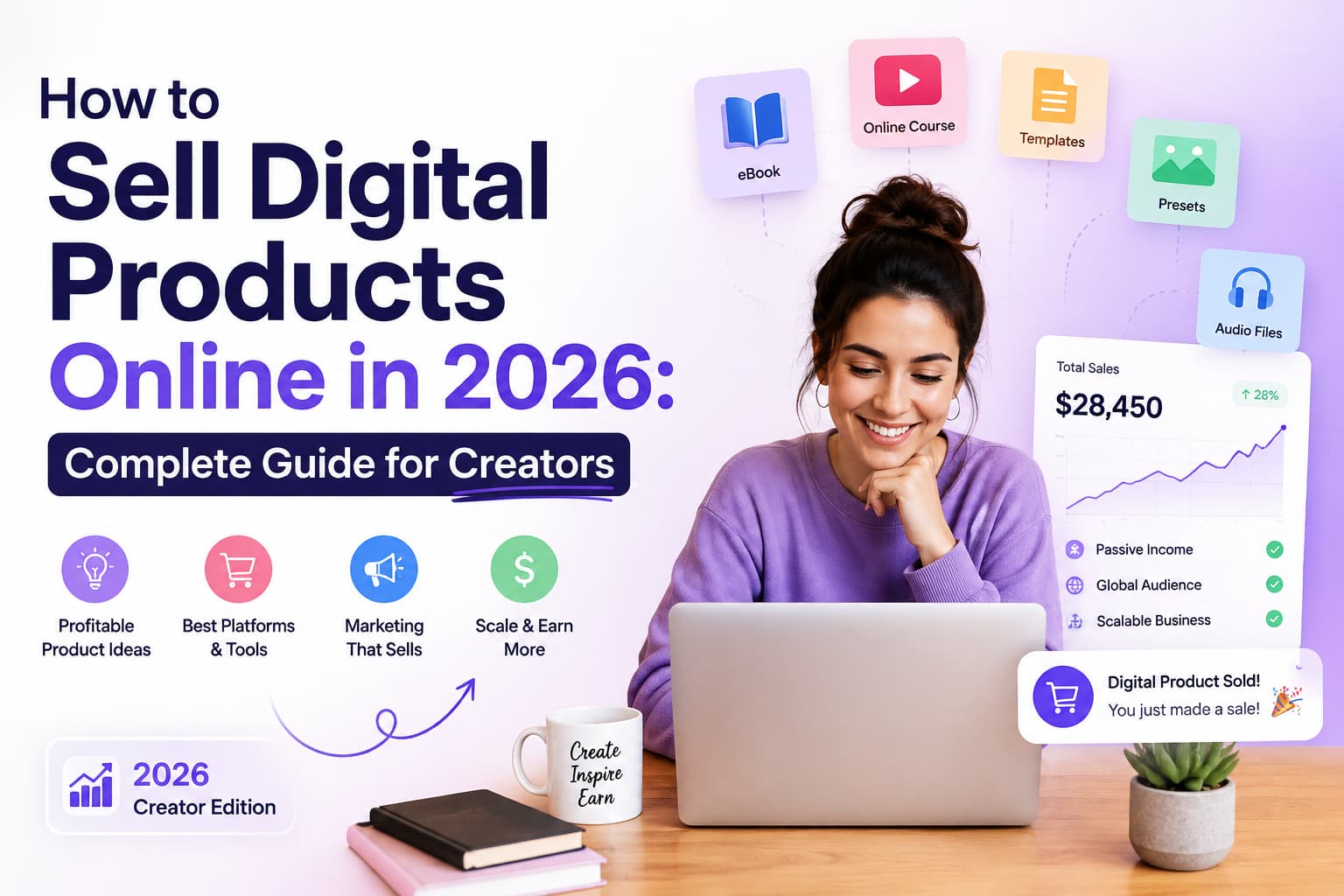 How to sell digital products online in 2026, featuring a content creator, digital product examples, sales dashboard, and marketing tools.