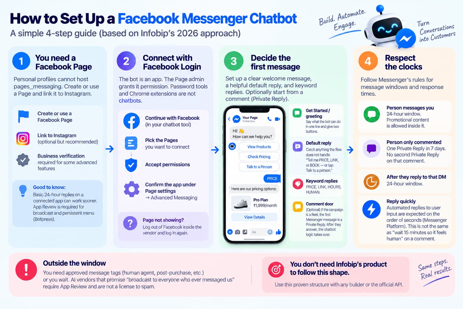 Facebook Messenger chatbot setup infographic covering Facebook Page creation, Facebook Login connection, welcome and keyword replies, comment-to-Messenger flows, and Messenger messaging-window requirements.