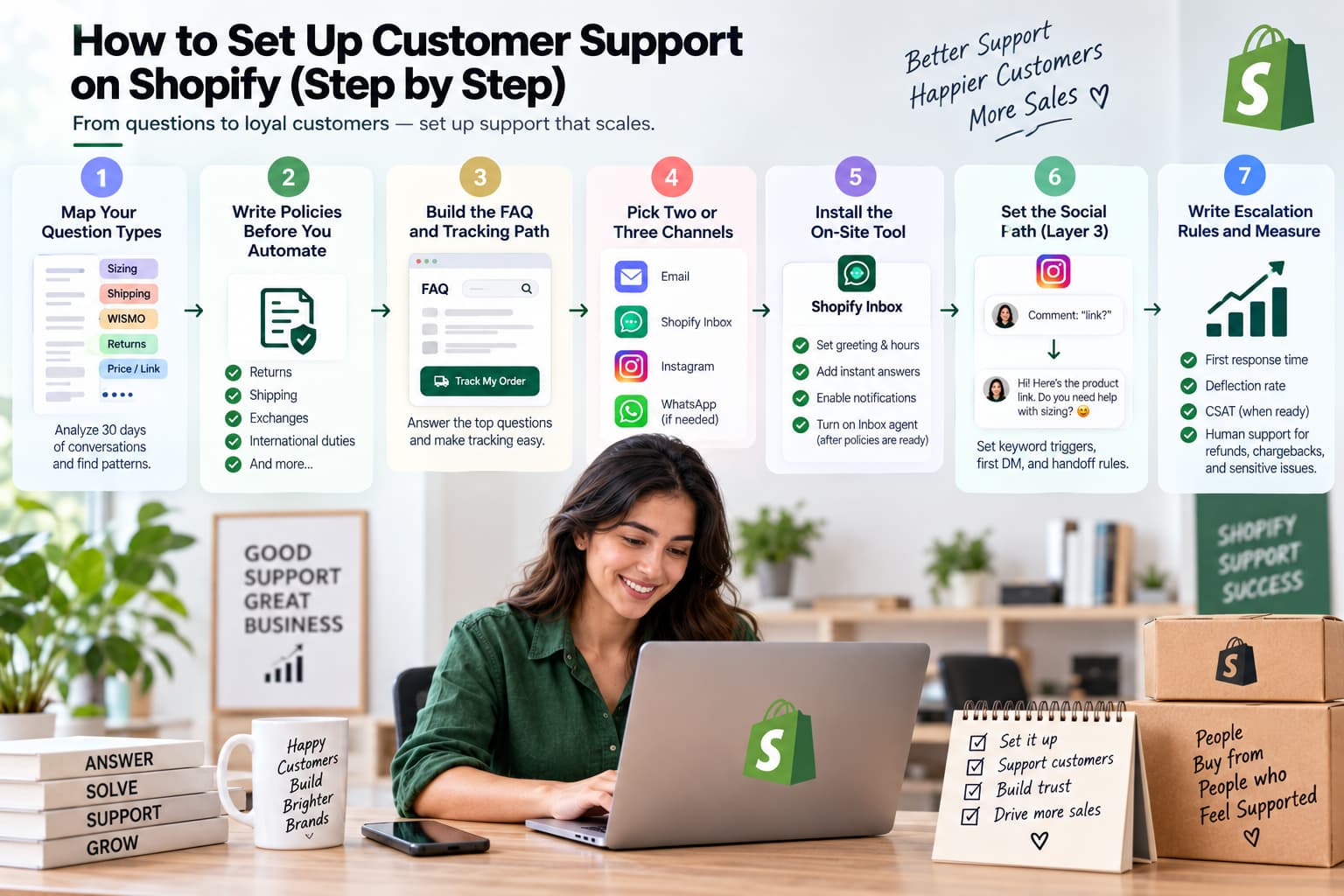 Seven-step infographic showing how to set up Shopify customer support, from mapping customer questions and writing policies to building an FAQ, choosing support channels, installing Shopify Inbox, setting up social support, and measuring performance.