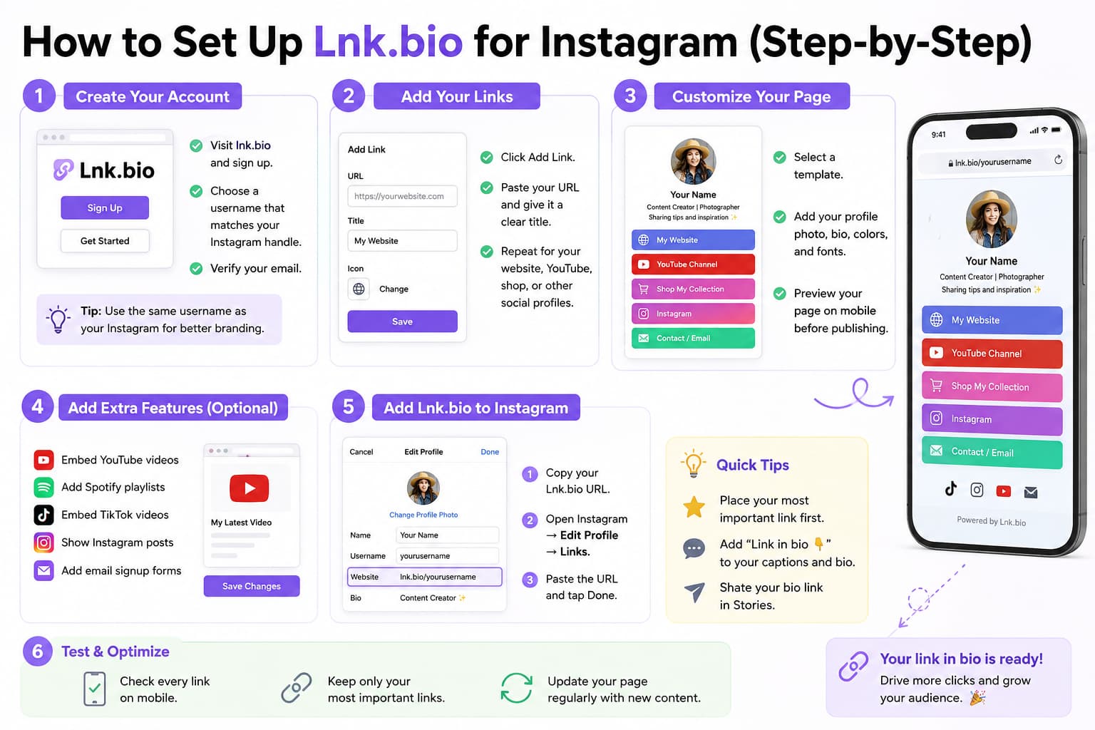 Step-by-step infographic showing how to set up Lnk.bio for Instagram, including creating an account, adding links, customizing the page, embedding content, adding the Lnk.bio link to an Instagram profile, and optimizing the page with quick tips for better engagement.