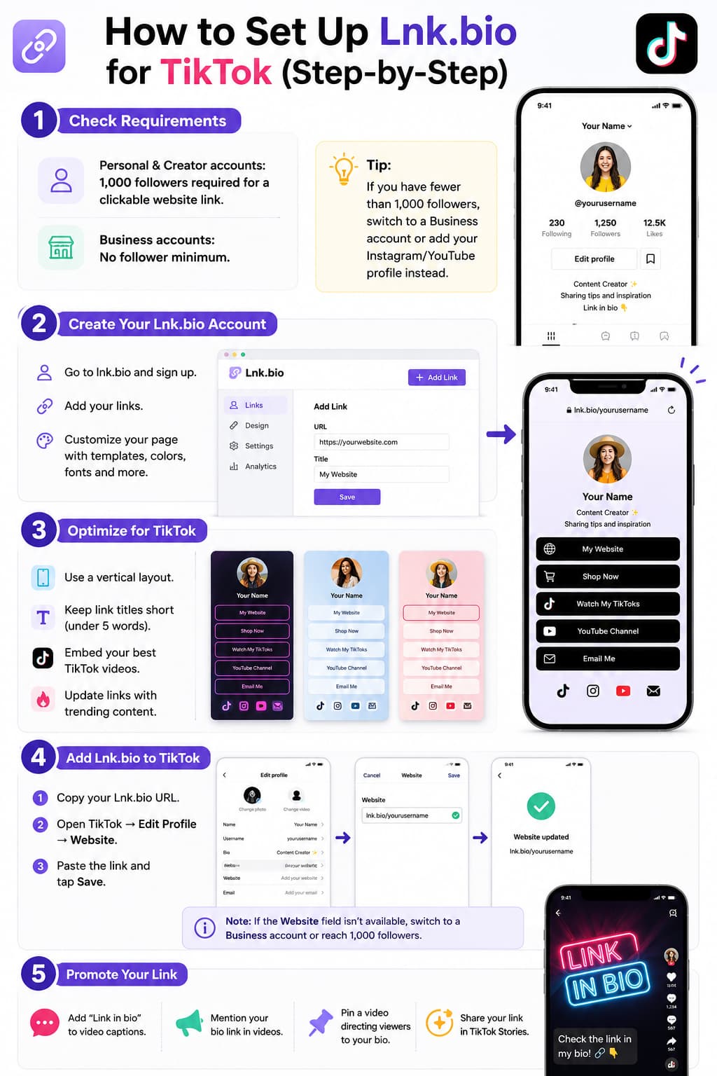 Infographic showing how to set up Lnk.bio for TikTok step by step, including account requirements, creating a Lnk.bio page, optimizing it for TikTok, adding the bio link to a TikTok profile, and promoting it using captions, pinned videos, and TikTok Stories.