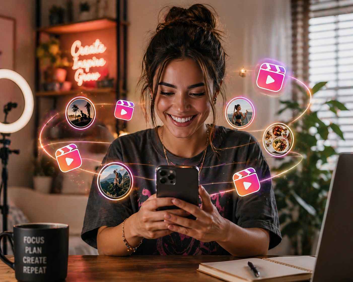 A smiling woman using her smartphone at a desk, surrounded by glowing, floating icons of Instagram Reels and Story thumbnails.