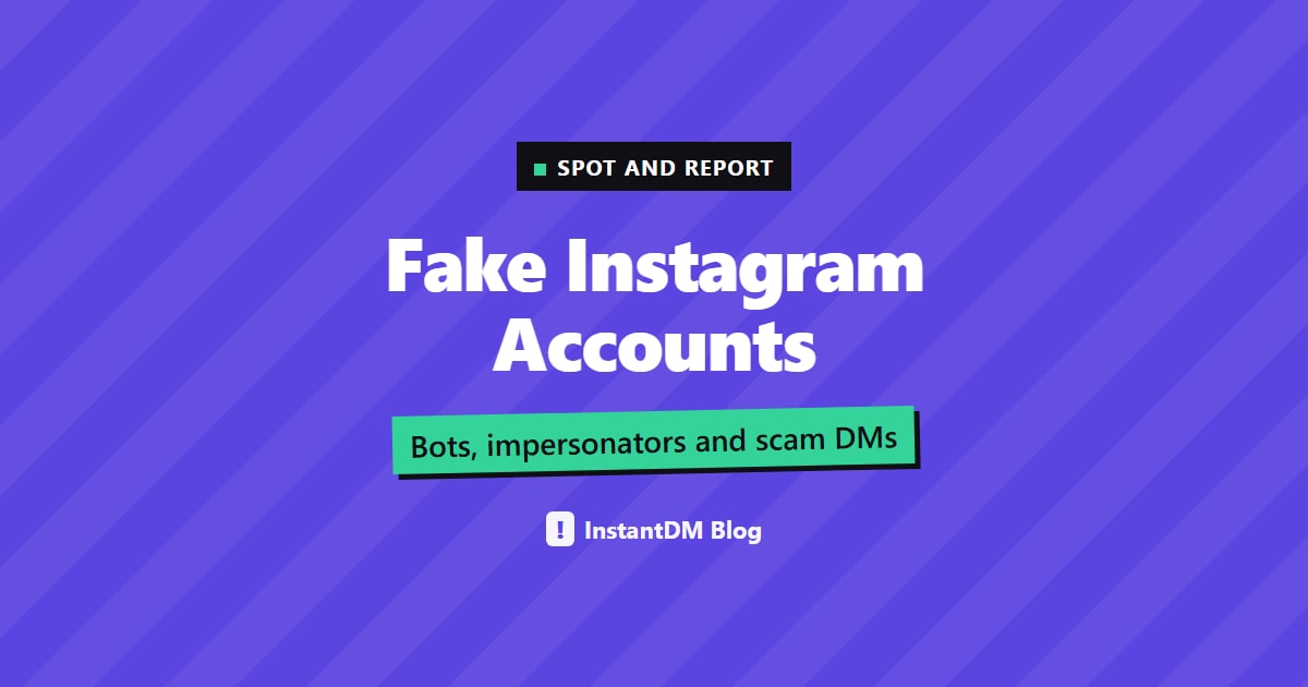 Purple title card reading Fake Instagram Accounts, with the line Bots, impersonators and scam DMs and the InstantDM Blog logo