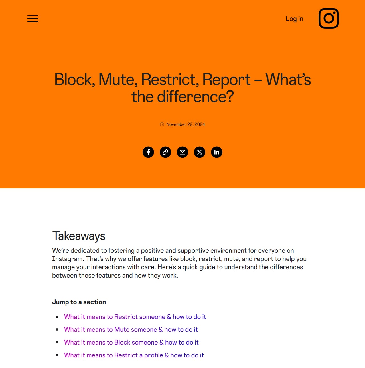 Instagram blog post titled Block, Mute, Restrict, Report: What's the difference, dated November 22, 2024, with links to sections on restricting, muting and blocking someone