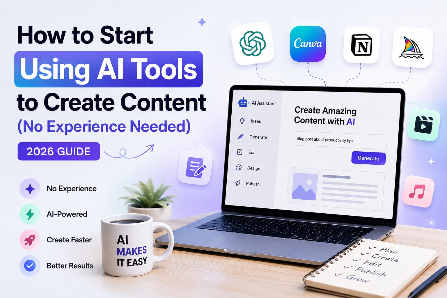 Hero image for a 2026 beginner's guide to AI content creation featuring a laptop displaying an AI writing assistant, with icons for ChatGPT, Canva, Notion, Midjourney, CapCut, and music tools. The image includes the headline 'How to Start Using AI Tools to Create Content (No Experience Needed)', a '2026 Guide' badge, and visual highlights emphasizing AI-powered content creation, faster workflows, and no experience required.