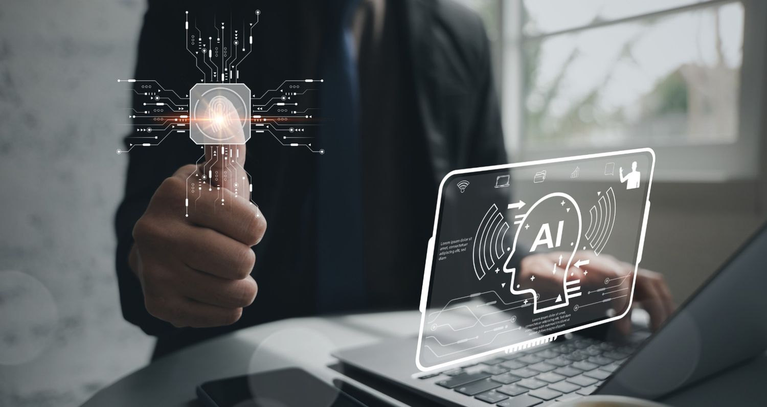 A professional using AI prompts and biometric security to automate digital marketing workflows, illustrating the integration of artificial intelligence in modern business systems.