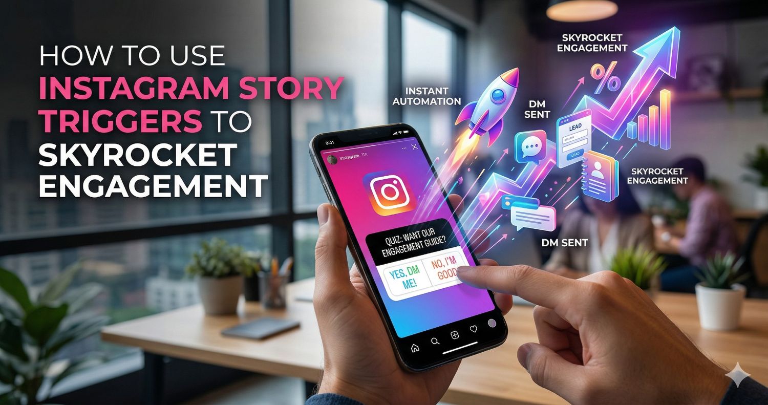 An infographic titled \"How to Use Instagram Story Triggers to Skyrocket Engagement\" featuring a person interacting with a \"YES, DM ME!\" poll sticker on a smartphone, which triggers a rocket ship and data icons to burst from the screen.