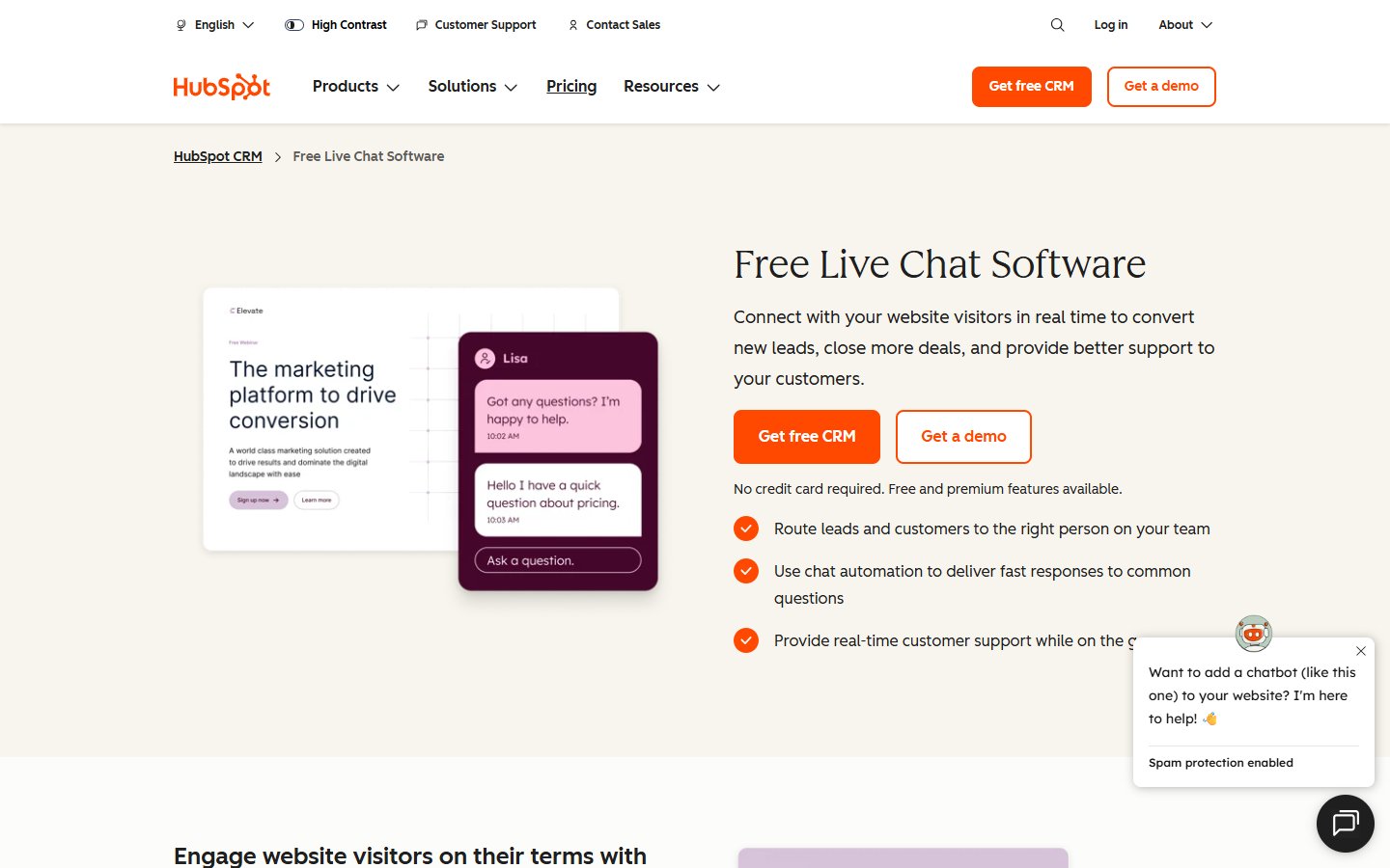 HubSpot live chat product page screenshot, August 2026