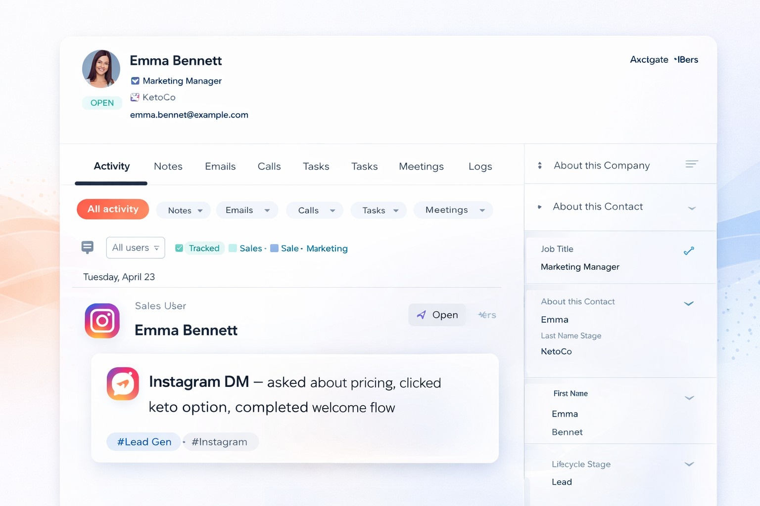 This image showcases a CRM (Customer Relationship Management) interface, specifically a contact record that has been enriched by the Instagram automation flow we previously discussed. It represents the "final destination" for a lead's data.