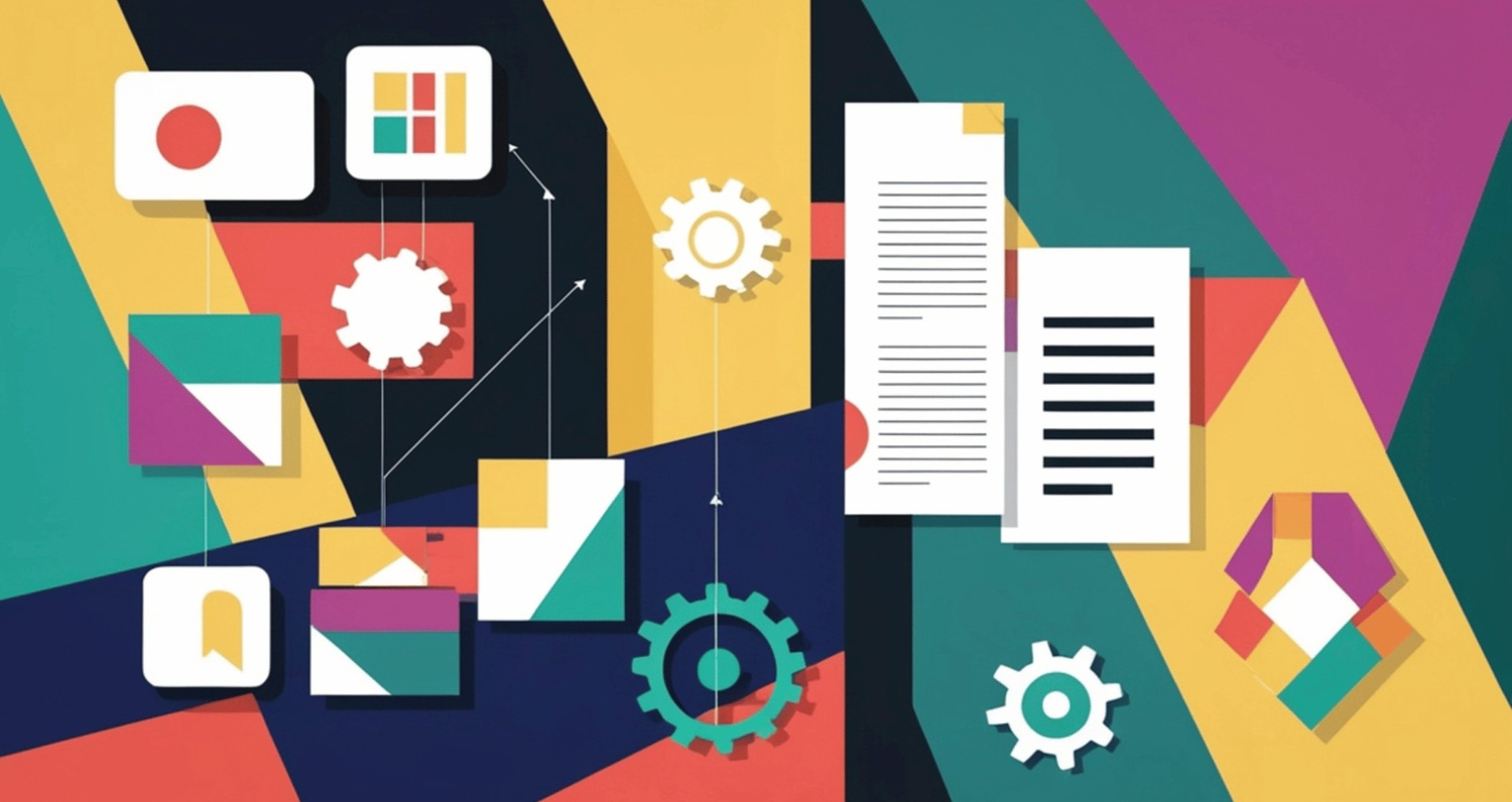 An abstract colorful graphic illustration representing a digital workflow with various geometric shapes, gears, and document icons interconnected by lines.
