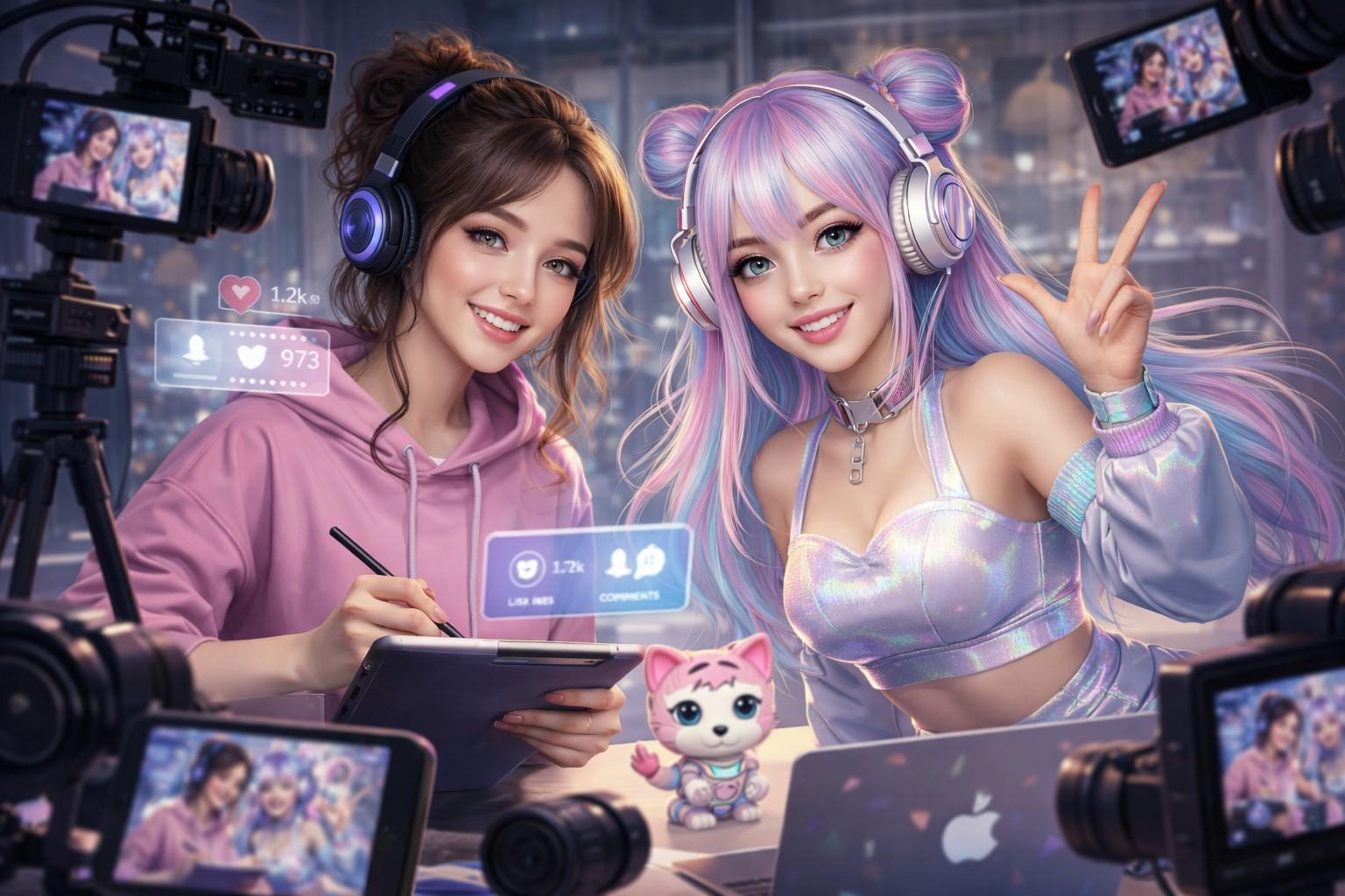 Gemini said A human creator and a vibrant AI avatar collaborate during a live stream, surrounded by multiple cameras and floating social media engagement icons. The scene captures a high-energy, futuristic studio setting where digital and physical personalities interact to create content for a global audience.