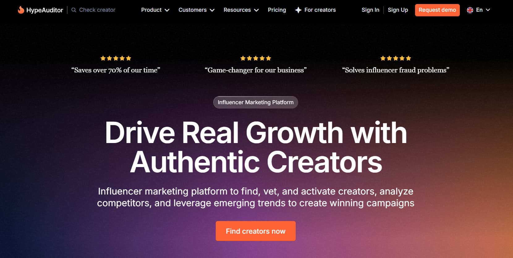 HypeAuditor influencer marketing platform homepage showcasing creator discovery, influencer analytics, fraud detection, campaign management, and competitor analysis