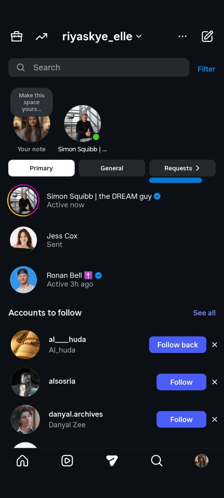 Instagram Direct Messages screen showing the Primary, General, and Requests tabs, recent conversations, and suggested accounts with Follow buttons.