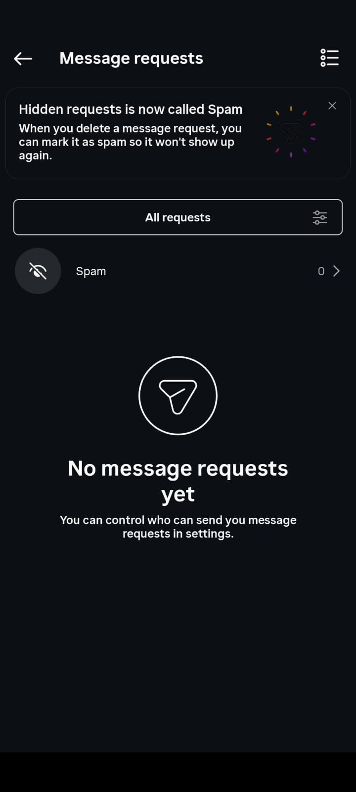 Instagram Message Requests screen showing no pending requests, with a Spam section and a notice explaining that hidden requests are now called spam.