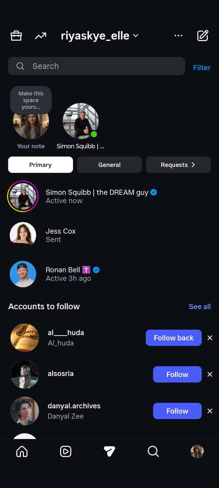 Instagram Direct Messages inbox showing Primary, General, and Requests tabs, with recent conversations and suggested accounts to follow.