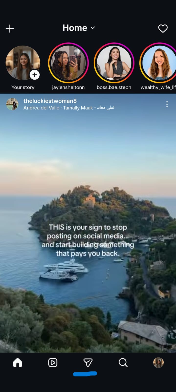 Instagram feed showing a scenic coastal island with yachts and the text “This is your sign to stop posting on social media and start building something that pays you back.”