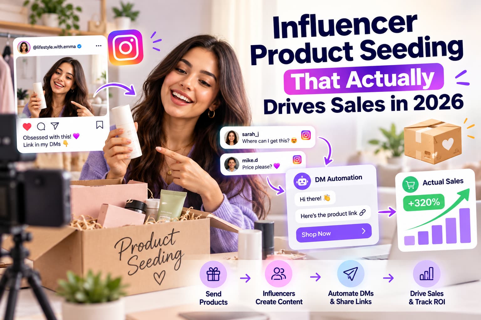 Influencer product seeding campaign showing a creator promoting a gifted product, automated DMs sharing product links, and sales growth in 2026.